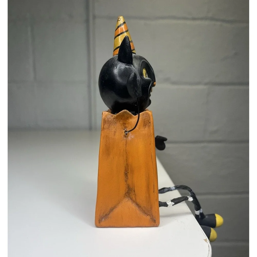 JOHANNA PARKER Retro Cat Pumpkin Shelf Sitter Light Up Treat Bag‎ jack o lantern